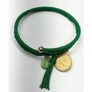 Vintage green tree of life glass leaf charm tassel bracelet bangle